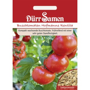 Dürr Samen Buschtomaten Hofmanns Rentita Saatgut Packung mit reifen, roten Tomaten.