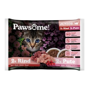 Pawsome Katzen-Nassfutter Junior, Mixpack mit Rind & Pute, 4 x 85g.