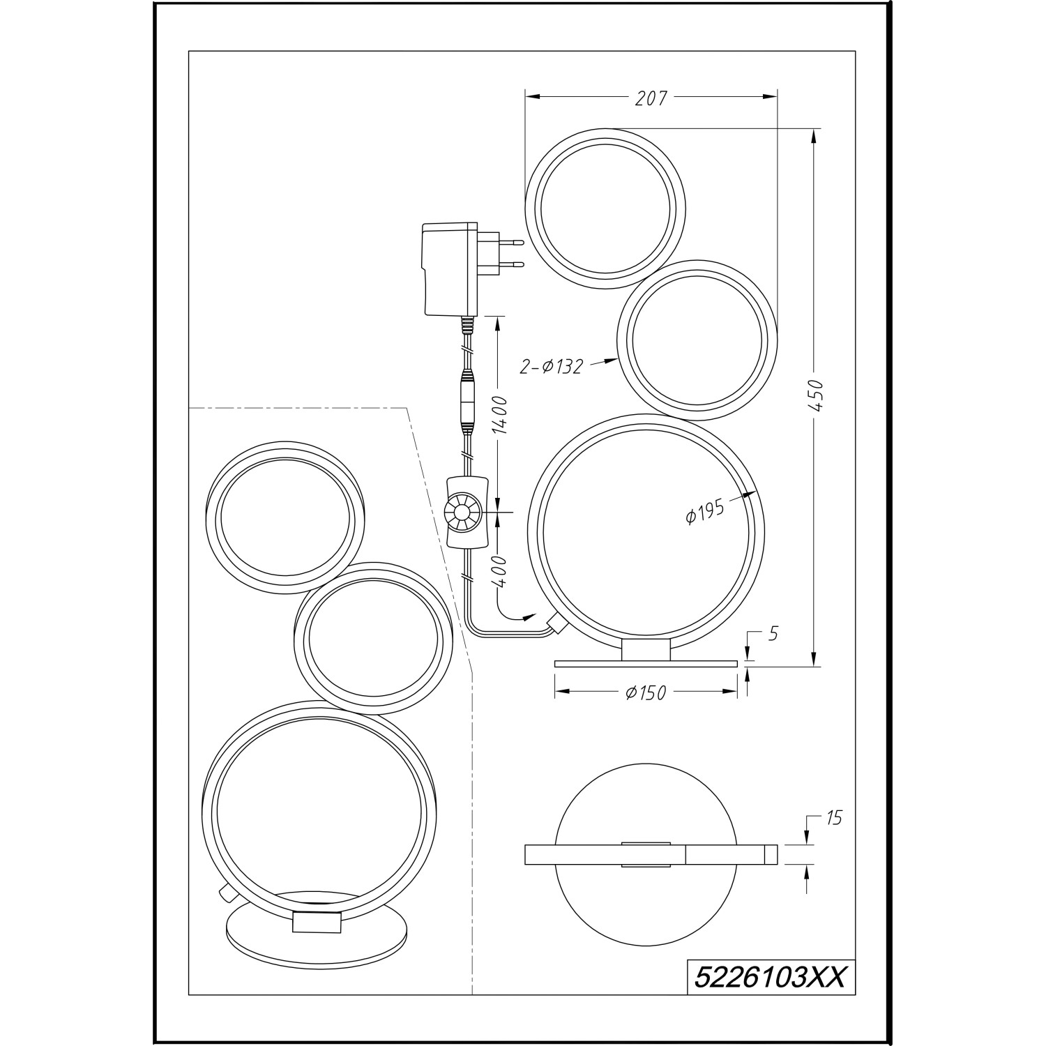 Technische Zeichnung der Trio LED-Tischlampe Rondo, weiße Design-Tischleuchte mit Maßen.