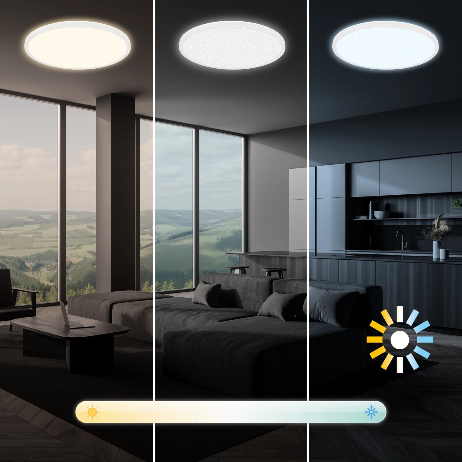 Dimmbares Brilo LED-Panel Slim Sternenhimmel CCT, verschiedene Farbtemperaturen in Wohnräumen.