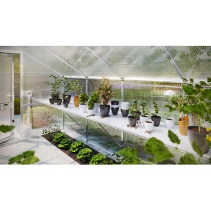 KGT Tischgestell Novum IV im Gewächshaus mit Pflanzen und Töpfen auf weißer Ablage.