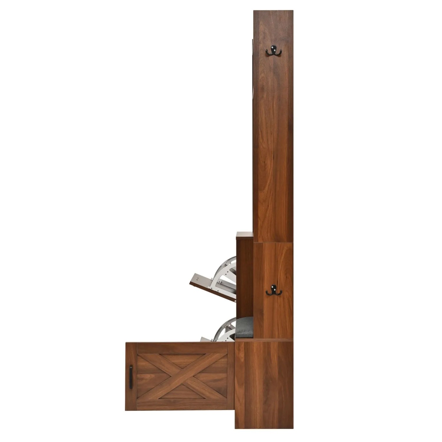 PXloue Garderobenschrank in Nussbaum Optik, Seitenansicht. Klappschuhfächer, X-Muster Tür, Haken.