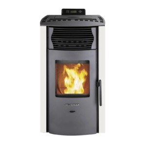 Weißer SCHENGER Pelletofen HP51 mit Flamme, 8,8kW, A+, WIFI, ECO, Timer.