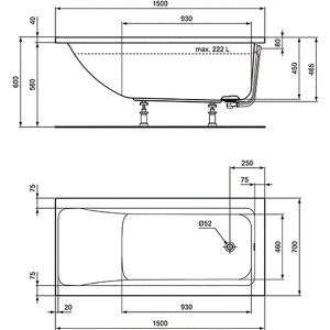 Technische Zeichnung Ideal Standard Connect Air Badewanne, 150x70 cm, Maße und Details.