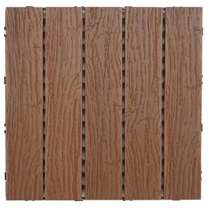 Quadratische, dunkelbraune WPC Bodenfliese in Holzoptik mit 3D-Struktur für Balkon und Terrasse.