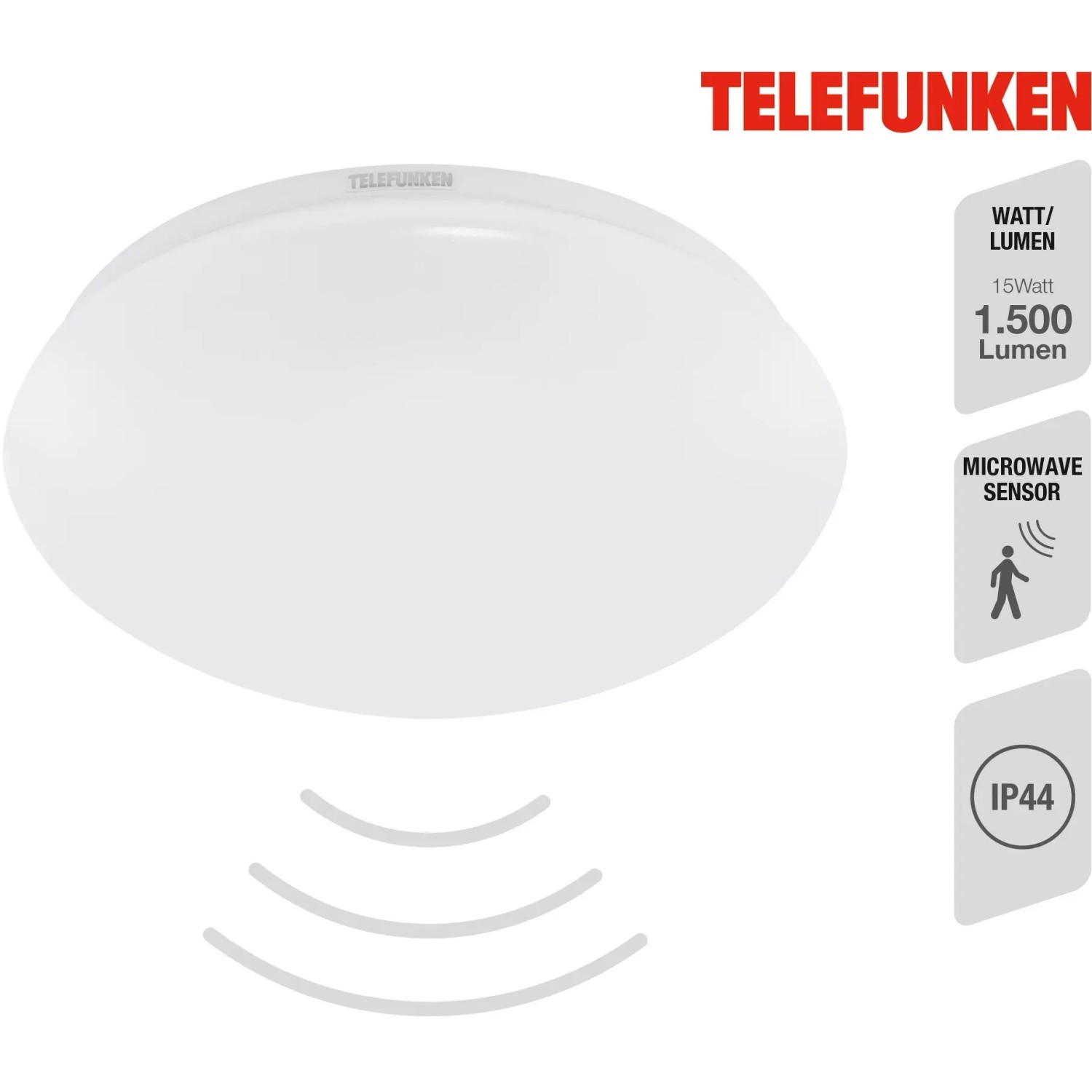 Weiße Telefunken LED-Deckenleuchte Apollon, Ø 27,8 cm, mit Bewegungssensor und IP44 Schutz.