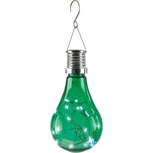 Grüne LED Solar Pendelleuchte in Glühbirnenform mit Lichterkette für den Außenbereich.