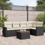Schwarze 6-tlg. vidaXL Garten-Sofagarnitur aus Rattan mit cremeweißen Kissen und Akazienholztisch.