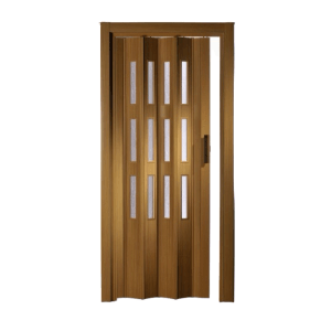 Forte Premium Kunststofftür Luciana in Braun Buche mit 3 Fenstern, geöffnet.