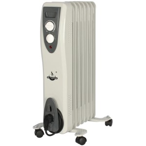 Weißer El Fuego Ölradiator mit 7 Rippen, mobil mit Rollen, für elektrische Heizung.