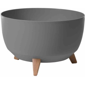 Anthrazitfarbener Siena Garden Blumentopf Oslo, Ø 40 cm, mit braunen Holzfüßen.