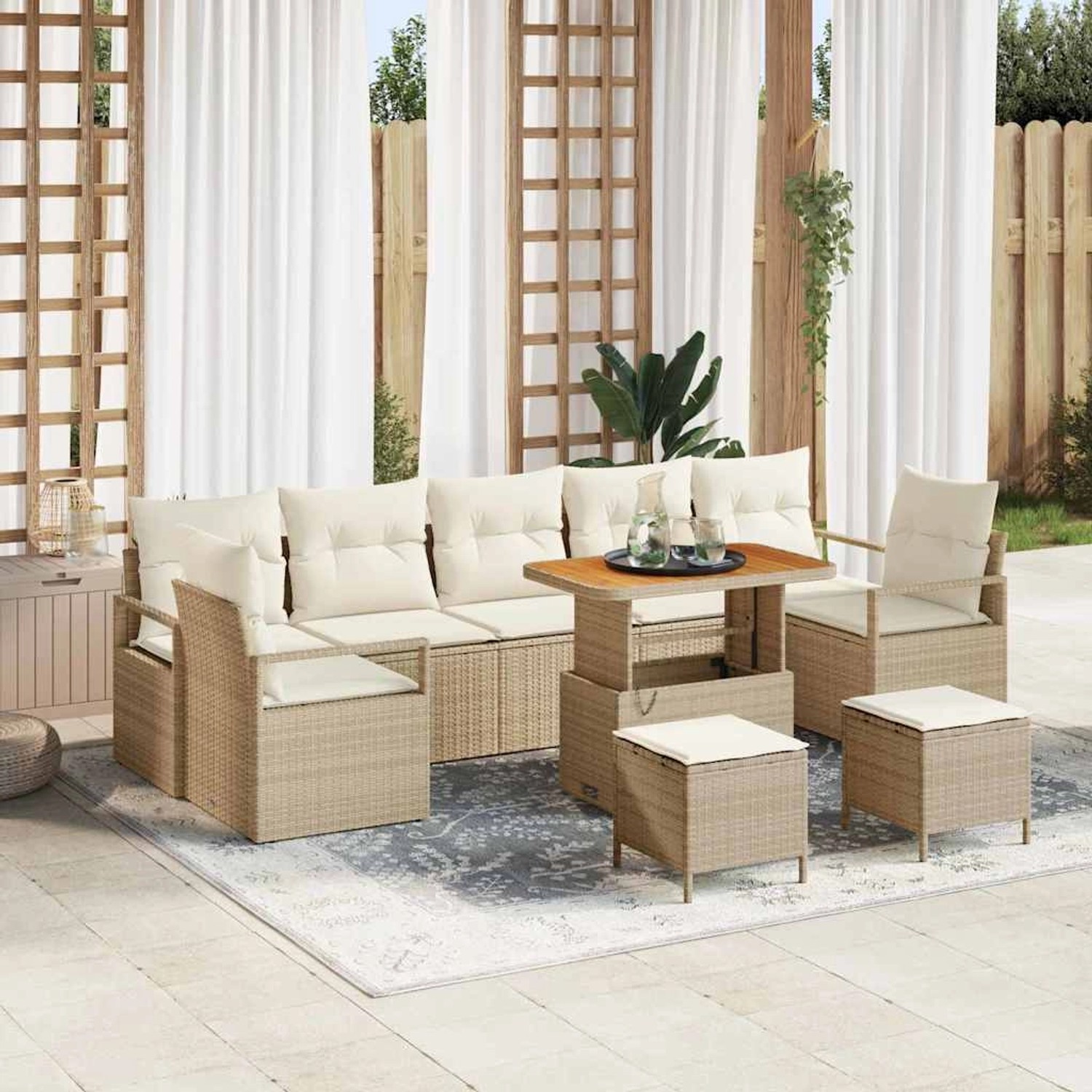 Beiges 10-tlg. vidaXL Garten-Sofa-Set aus Poly Rattan mit Stauraum, inklusive Tisch und Hockern.