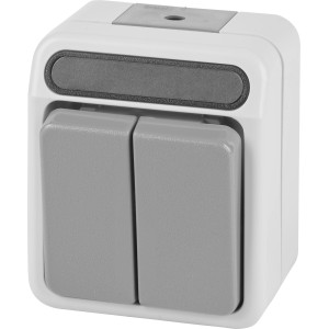 Merten AQUASTAR Serienschalter für Feuchträume, Aufputz, mit zwei grauen Schaltern.
