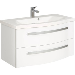 Pelipal Waschbeckenunterschrank, 90 cm, Polarweiß hochglänzend mit zwei Auszügen und Chromgriffen.