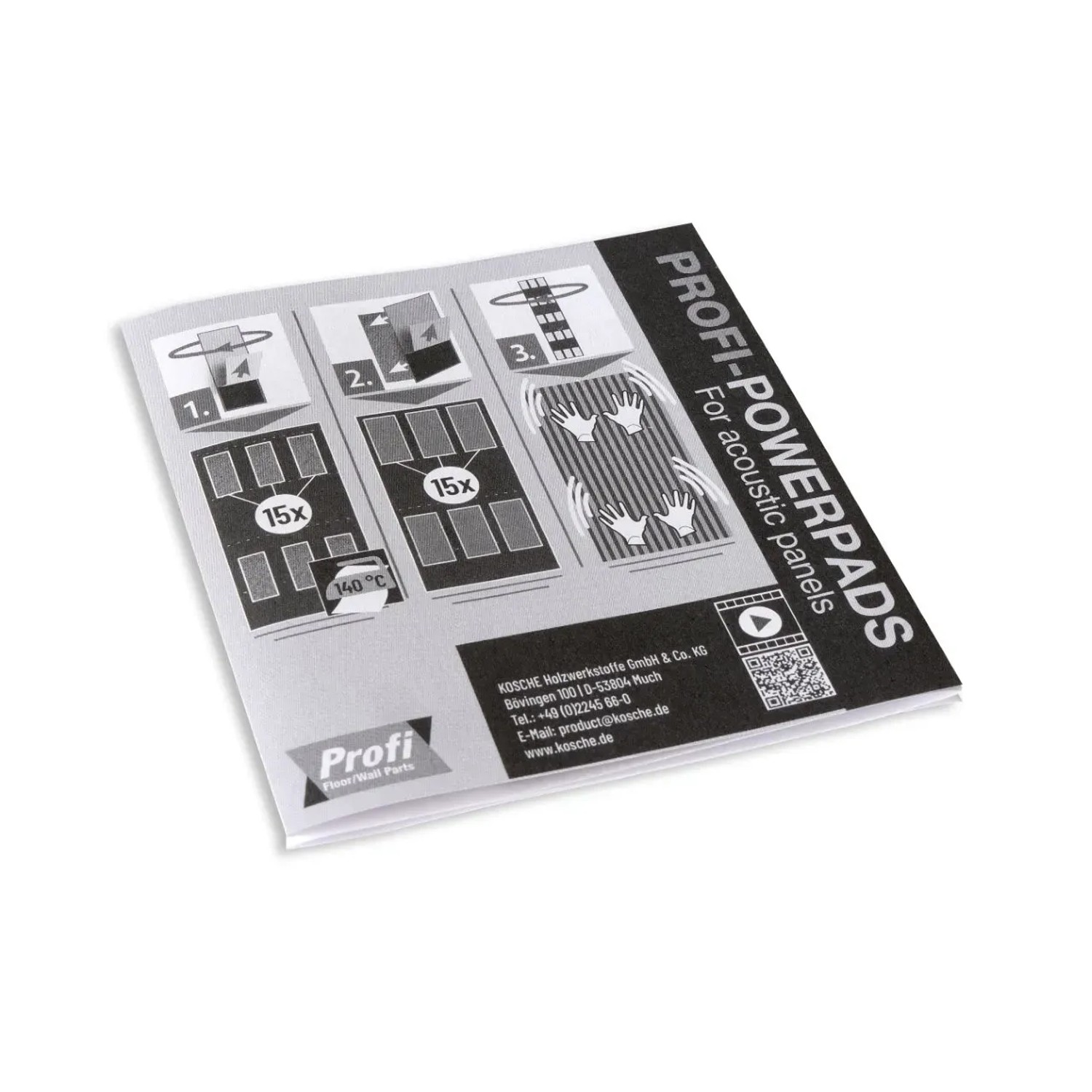 Verpackung der Profi-Powerpads für Akustikpaneele mit Montageanleitung.