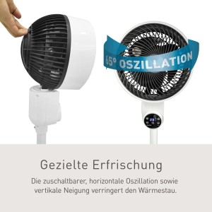 Weißer Vornado Standventilator Pinguin DX mit Oszillation und Touch-Display.