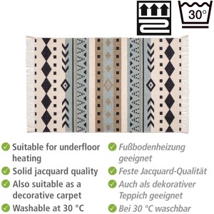 Wenko Badematte Bere aus recycelter Baumwolle mit Ethno-Muster in Beige und Blau, 50x80 cm.