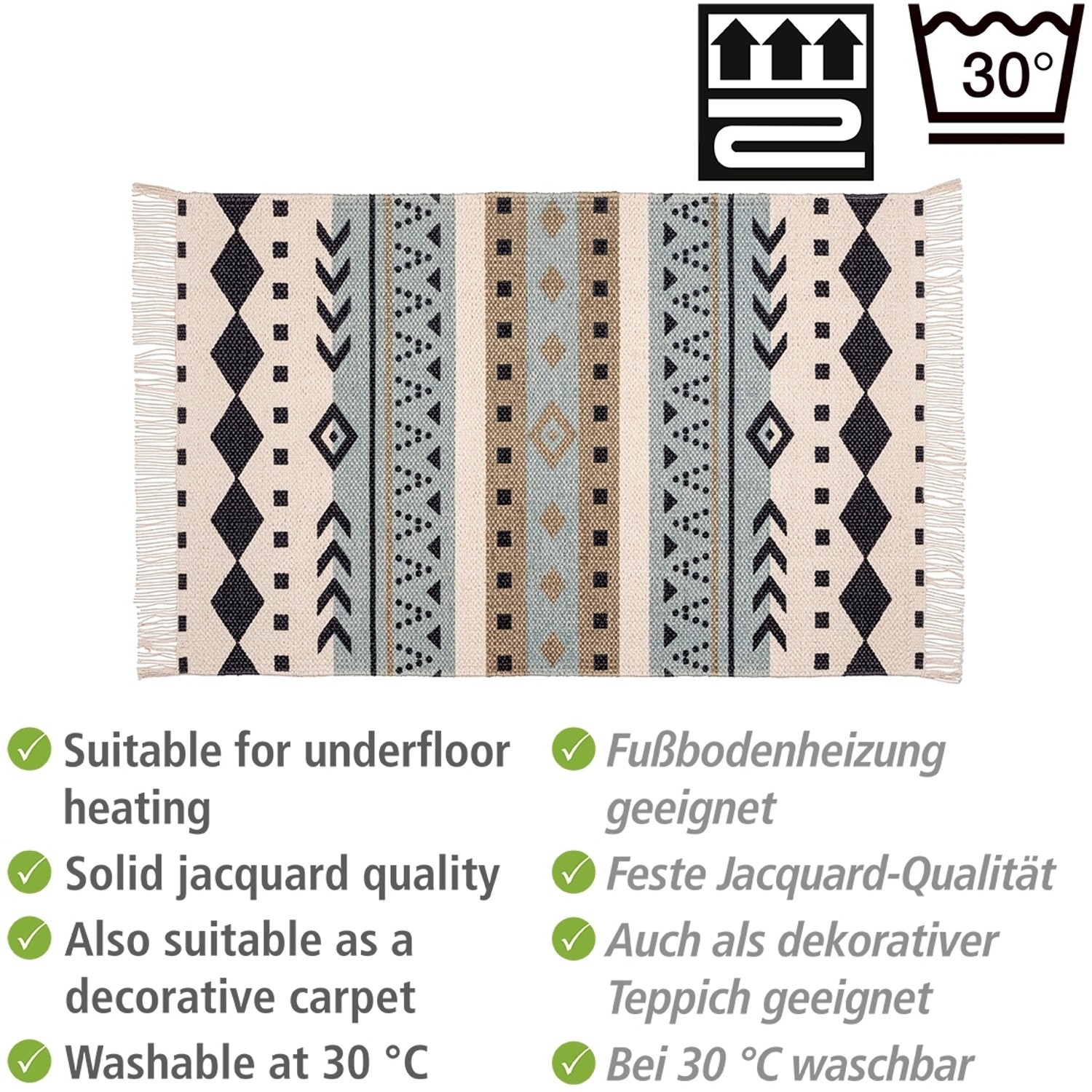 Wenko Badematte Bere aus recycelter Baumwolle mit Ethno-Muster in Beige und Blau, 50x80 cm.