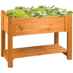 Wilk Hochbeet Premium, 113 cm, honigbraun, bepflanzt mit Salat. Holz-Hochbeet mit Ablage für Gartenutensilien.