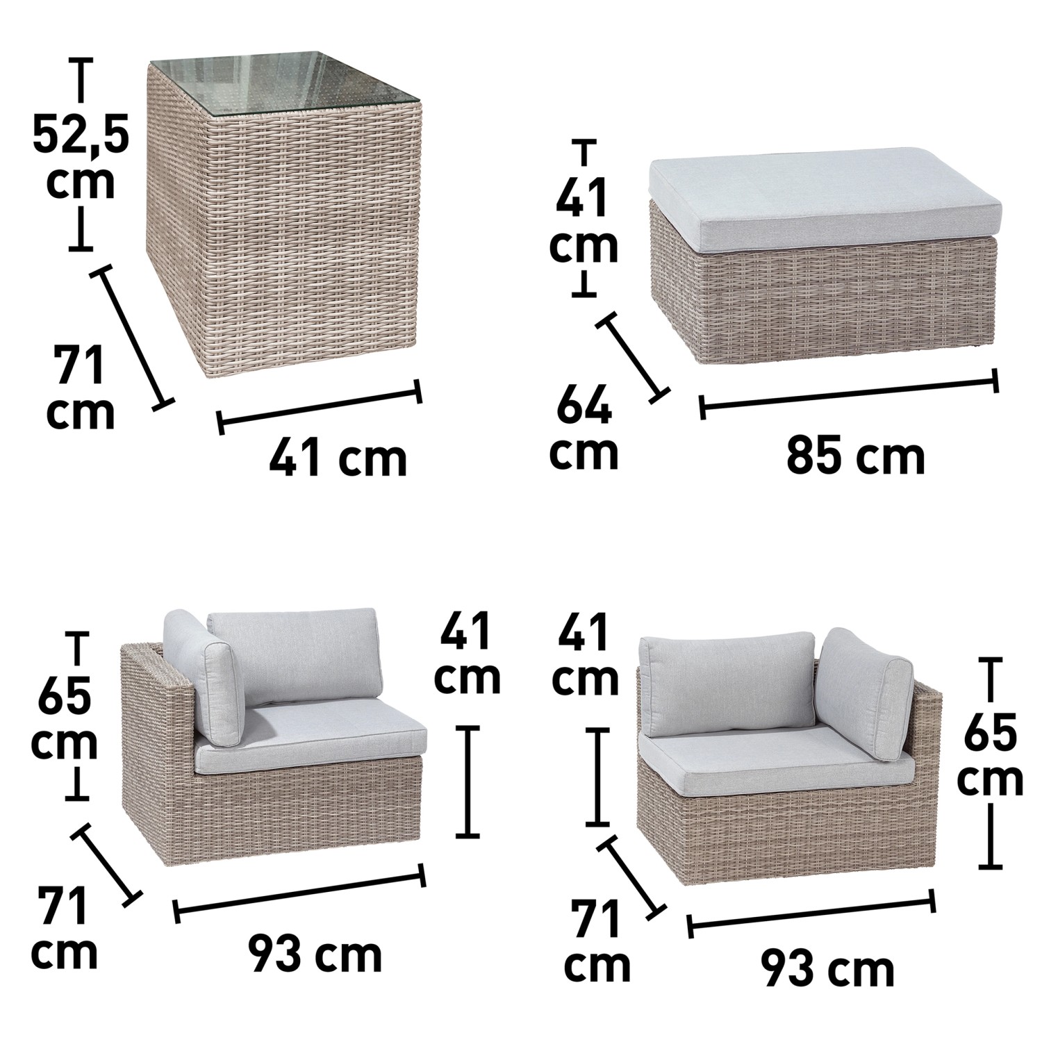 Lounge-Set Olea, 5-teilig, Sand: Gartenmöbel aus Polyrattan mit Tisch, Sessel und Hocker mit Maßen.
