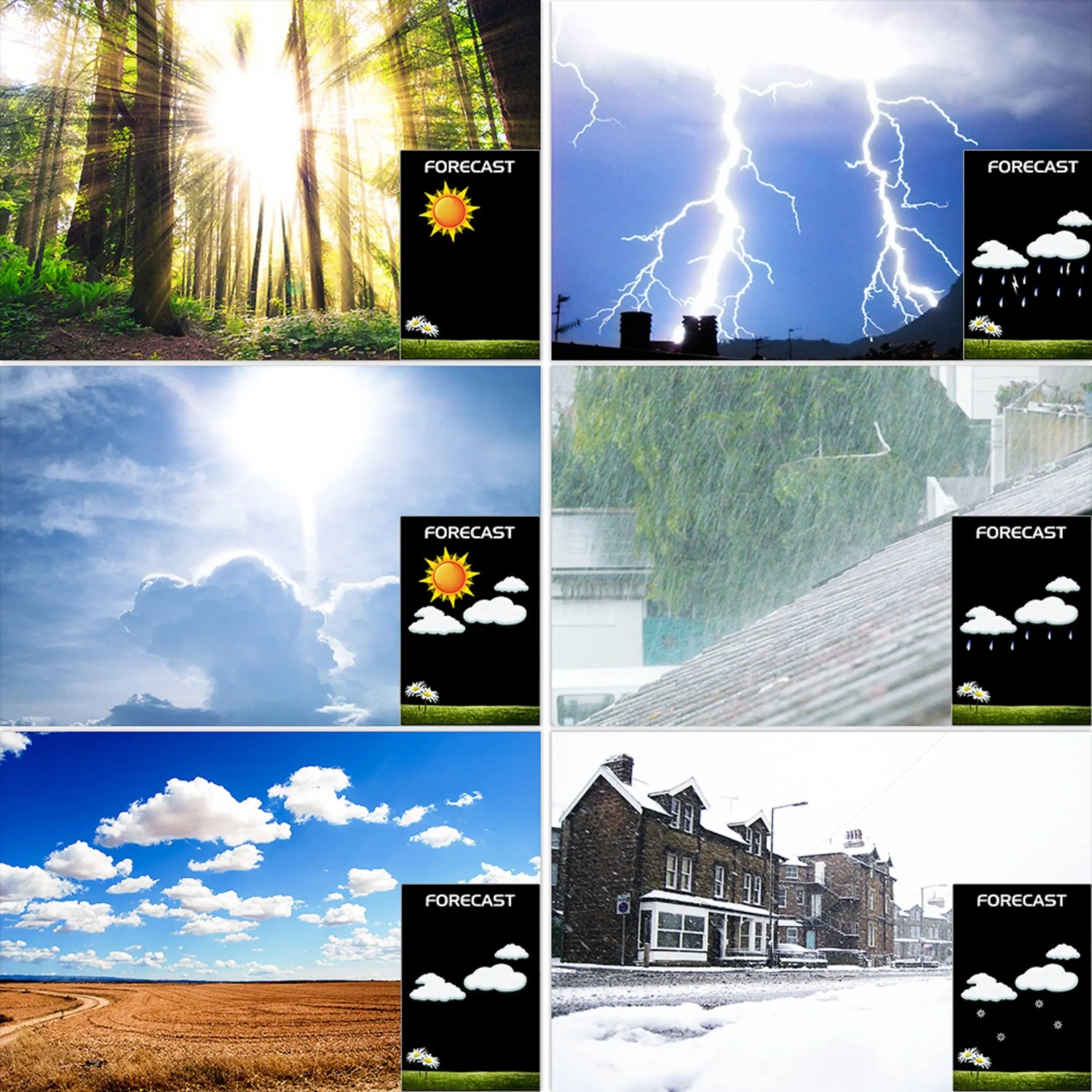 Echos Eco-450 Wetterstation: Wettervorhersage mit Sonne, Gewitter, Regen, Wolken und Schnee.