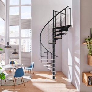 Moderne Intercon Wendeltreppe Select, 140 cm Durchmesser, 13 Stufen. Lava-Anthrazit Metall, Buche Weiß. Ideal für Innenräume.