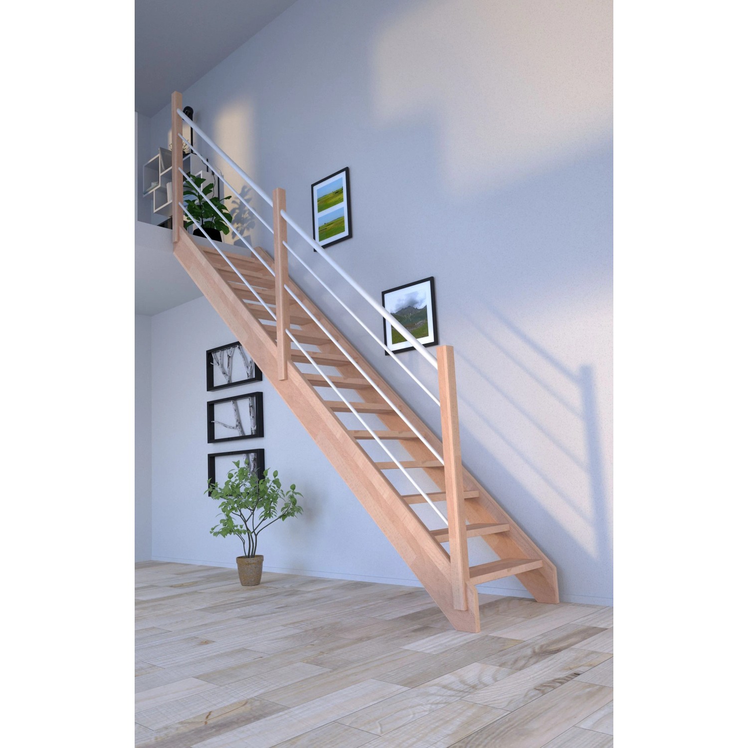 Gerade Buchenholztreppe Mykonos Pro mit weißem Holz-Edelstahl-Geländer im Innenraum.