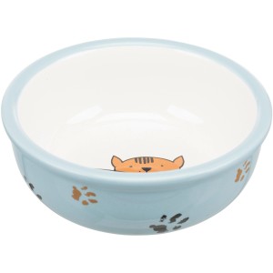 Hellblauer Keramik-Katzennapf mit Katzen- und Pfotenmotiv.