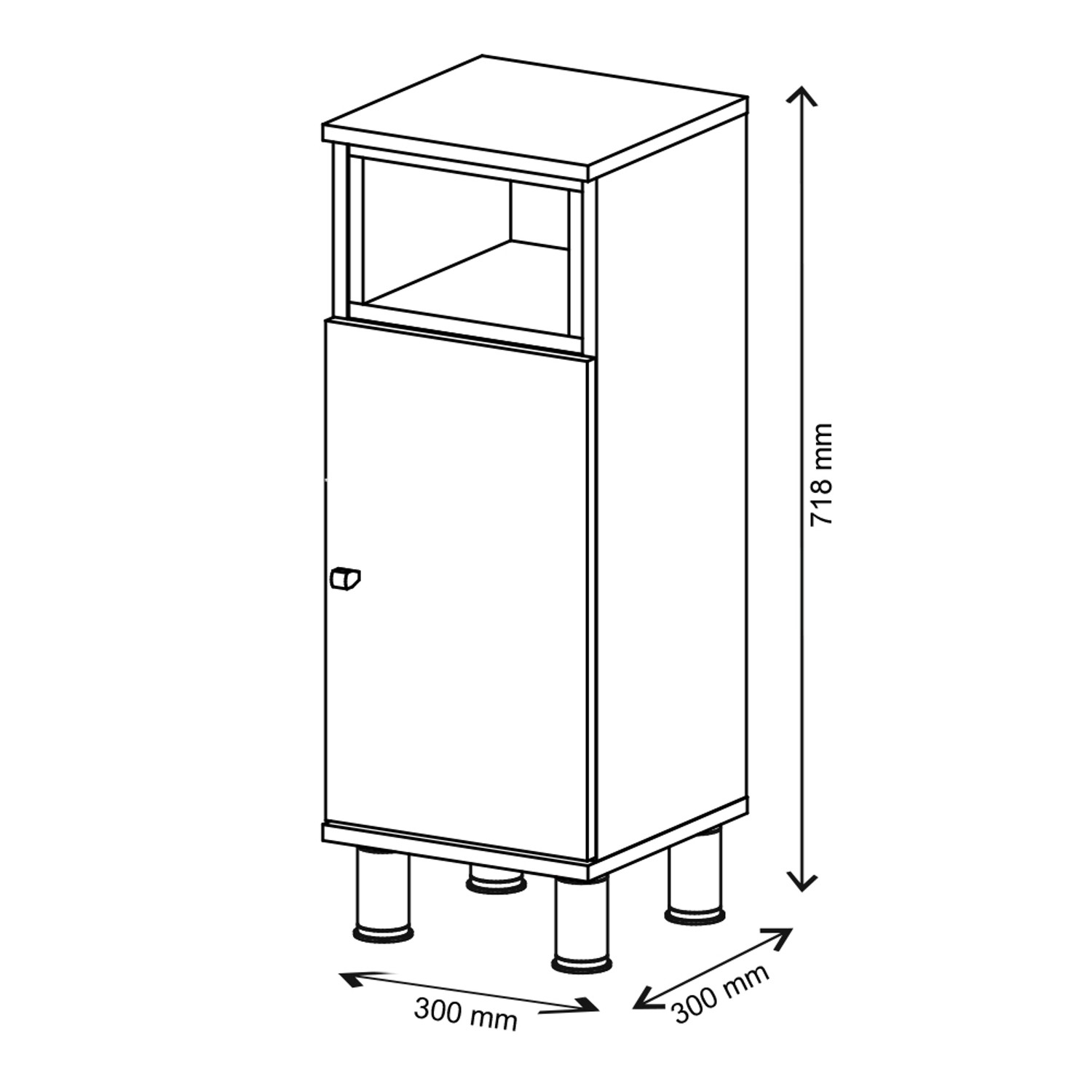 Skizze von Vicco Midischrank Aquis in Weiß/Sonoma, 30x82 cm, mit Tür und offenem Fach. Badregal für mehr Stauraum.