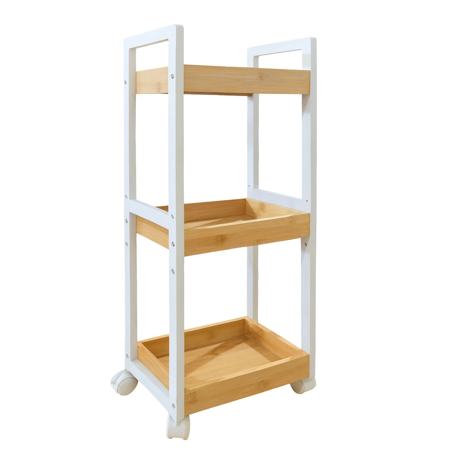 Relaxdays Rollwagen Bambus Natur Weiß 3 Fächer Höhenverstellbar mit Rollen 80 cm x 30 cm x 20 cm 2,4 kg