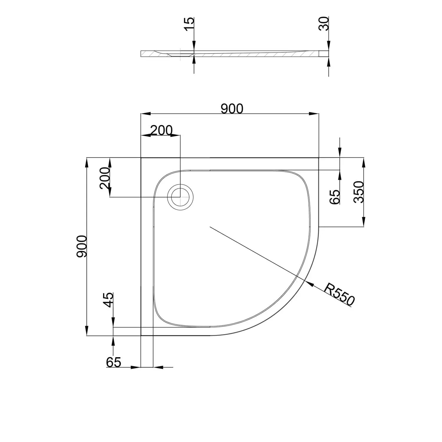 Technische Zeichnung: pianura Viertelkreis-Duschwanne Emilia, 90x90x3 cm, Eckablauf.