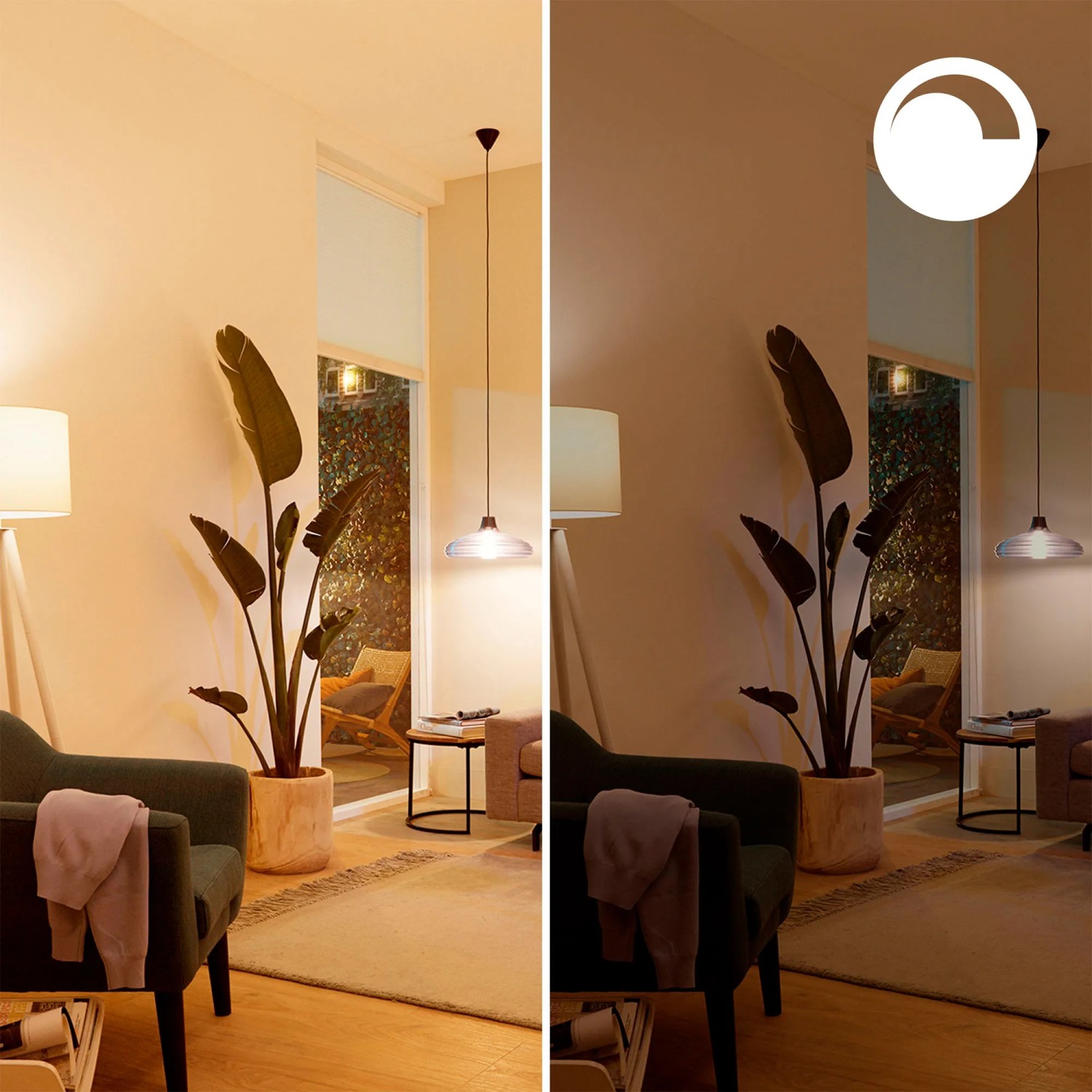 Philips Smart LED GU10 Spot: Helles Wohnzimmer mit warmem und kühlem Licht, dimmbar.