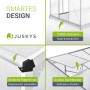 Detailansicht Juskys Gewächshaus: Stahlfundament, Regenrinne, Dachfenster für optimale Belüftung.