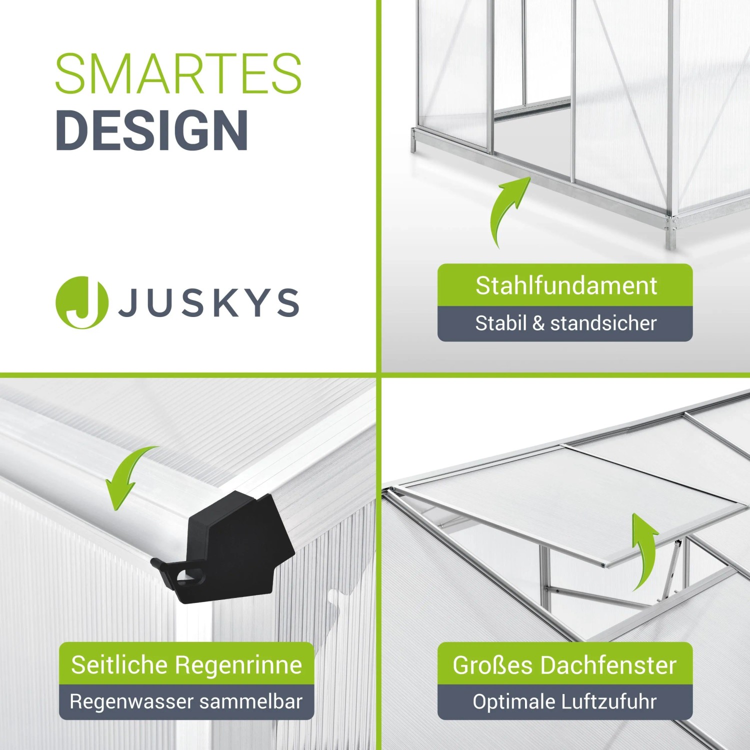 Detailansicht Juskys Gewächshaus: Stahlfundament, Regenrinne, Dachfenster für optimale Belüftung.