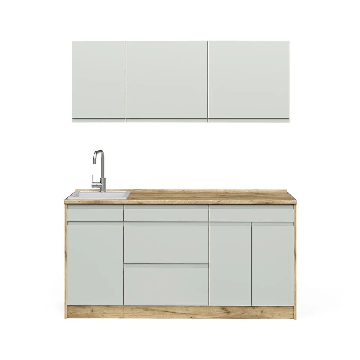 Vicco Singleküche R-Line Pastellgrün/Goldkraft Eiche 160 x 82 Arbeitsplatte Weiß Art Nr 70561