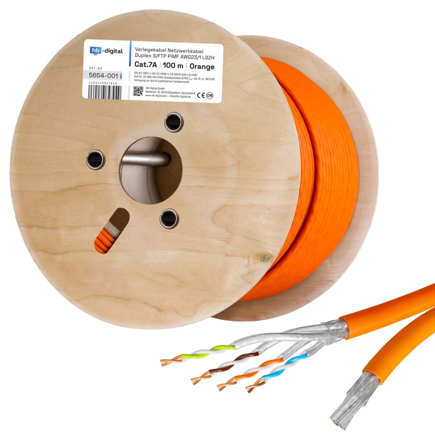 hb-digital CAT 7a Verlegekabel Duplex Installationskabel max. 1200 MHz S/FTP AWG23 LSZH 100m orange