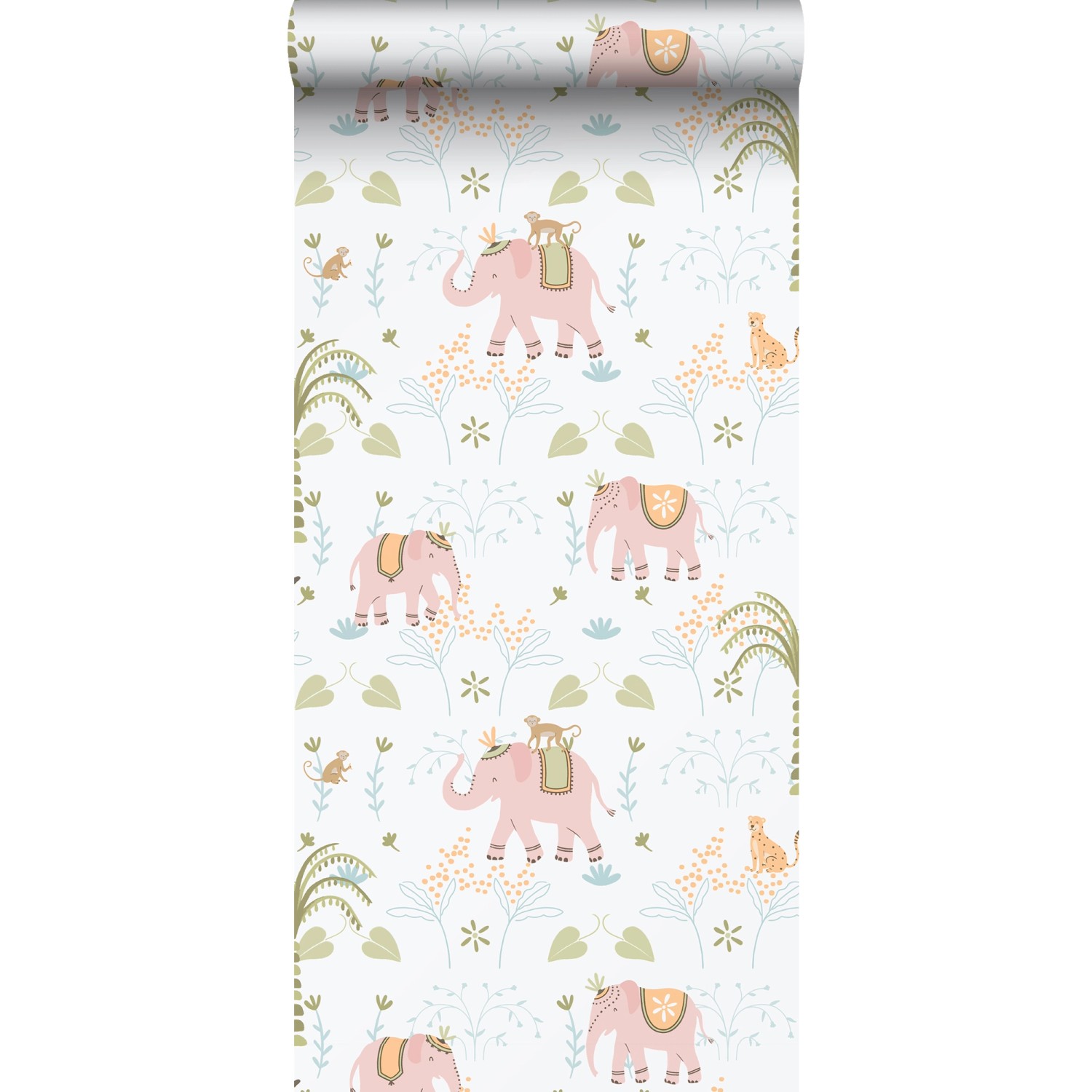 Sanders & Sanders Tapete Elefanten Rosa Grün und Weiß 53 cm x 10.05 m günstig online kaufen