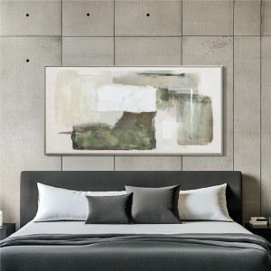 Modernes, handgemaltes Leinwandbild in Grün, Beige, Weiß über einem Bett. Abstraktes Wandbild, Dekoartikel.