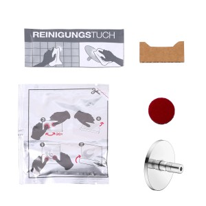 Keuco Klebe-Set 5 für Badaccessoires: Verchromte Rosette, Reinigungstuch, Schleifvlies und Fixierhilfe.