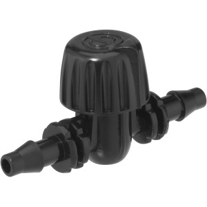 Schwarzes Geka Drip Absperrventil für 6 mm Micro-Drip-Systeme zur individuellen Bewässerung.