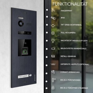 Balter EVO-HD Video-Türsprechanlage mit Fingerprint, Türstation in Schwarz mit Kamera.