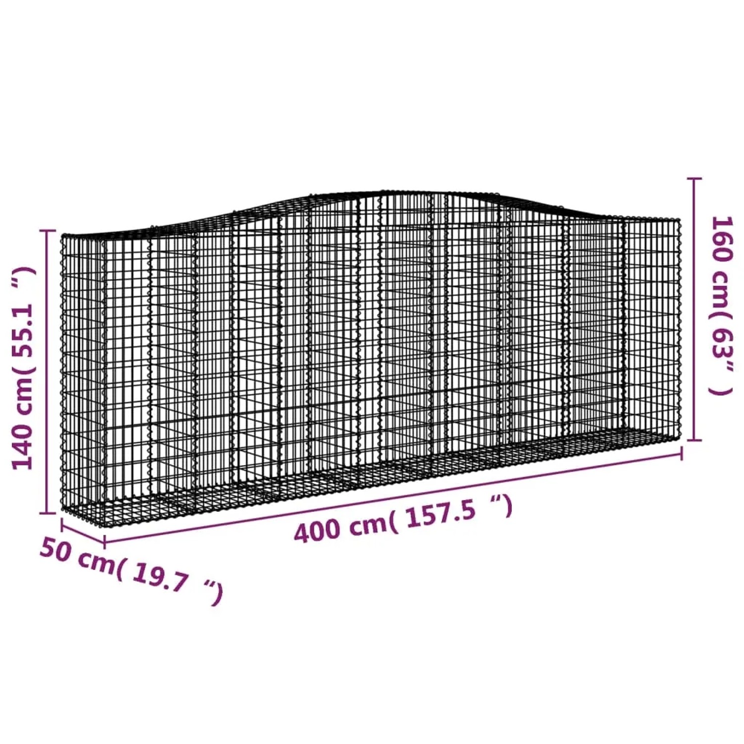 6er Set vidaXL Gabionen mit Hochbogen, 400x50x140/160cm, aus verzinktem Eisen für Hochbeete.