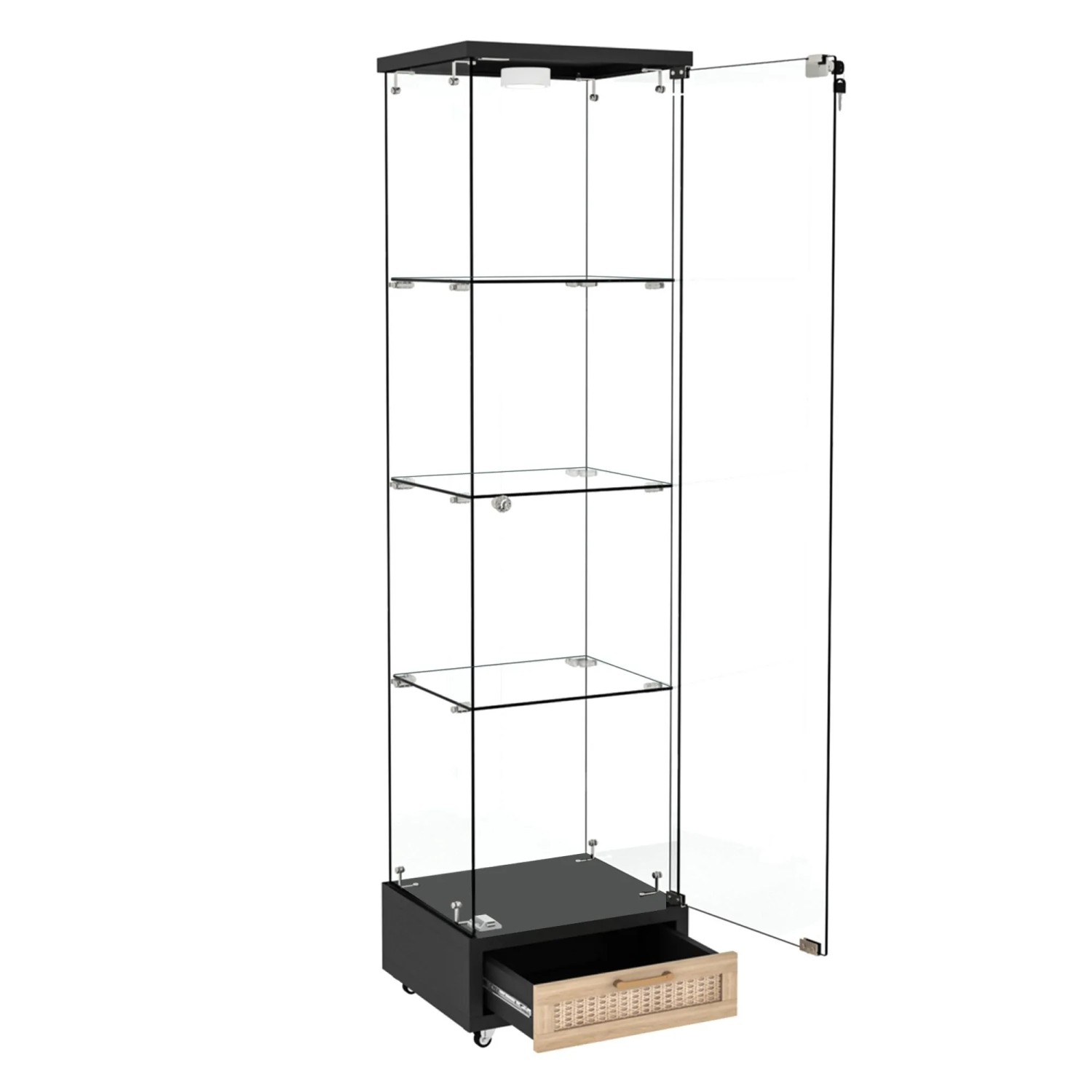 okwish Glasvitrine mit LED Beleuchtung Schubladen Regalböden Wohnzimmer 167x42x36cm Schwarz