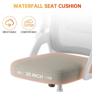 Ergonomischer Bürostuhl: Beiges Wasserfall-Sitzkissen (20 Zoll) und atmungsaktive Netzlehne für Komfort.