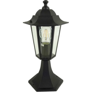 Schwarze Dapo Kingston Sockelleuchte aus Aluminium mit klarem Glas für E27 Leuchtmittel.