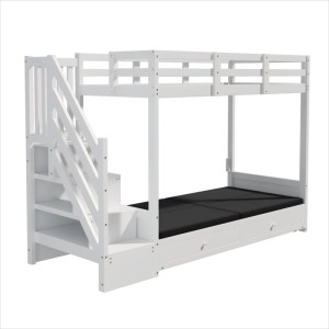 Weißes Merax Etagenbett 90x200cm mit Treppe, Stauraum und Schubladen. Unten als Sofa nutzbar, ideal für Kinderzimmer.
