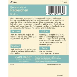 Saatgutpackung Radieschen Rodos: Früh- und Herbstanbau, reicht für ca. 250 Pflanzen.