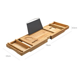 Verstellbare Songmics Badewannenablage aus Holz mit Getränkehalter, Naturfarben, 109 cm breit.