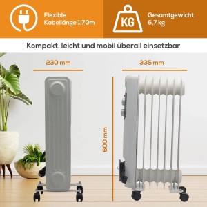 TroniTechnik Ölradiator TT-OR 107, Elektroheizung mit 7 Rippen, 1500 Watt, 3 Stufen, auf Rollen.