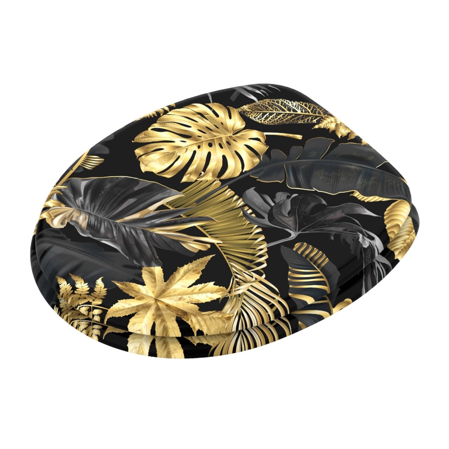 Sanilo WC-Sitz Golden Leaves: Toilettendeckel aus Holz mit goldenem Blätter-Design.